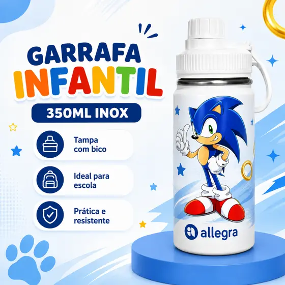 Garrafa Infantil Térmica 350ml Inox Personalizada Ouriço Azul Para Escola