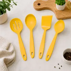 Kit 4 Utensílios de Cozinha 30cm Espátula Concha Colher Escumadeira Para Servir Mesa Posta