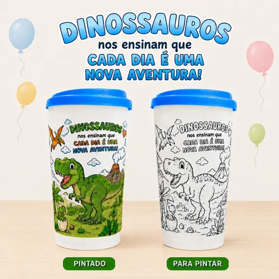 KIT COPOS 500ML DINOSSAURO  PARA COLORIR - LEMBRANCINHA ESCOLA EVENTOS FESTA - INFANTIL