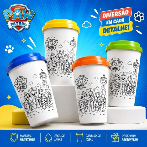 KIT COPOS 500ML PATRULHA CANINA PARA COLORIR - LEMBRANCINHA ESCOLA EVENTOS - INFANTIL