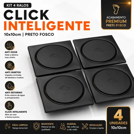 Kit 4 Ralo Click Inteligente 10x10 Preto Fosco para Banheiro