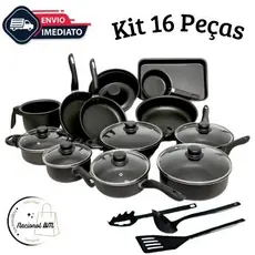 Conjunto de Panelas 16 Peças Preto Antiaderente com Teflon e Tampas de Vidro – Diversas Cores
