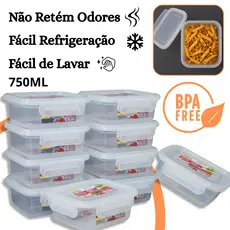 Kit 10 Pote Marmita Hermético 750ml Retangular Tampa com Trava Livre de BPA