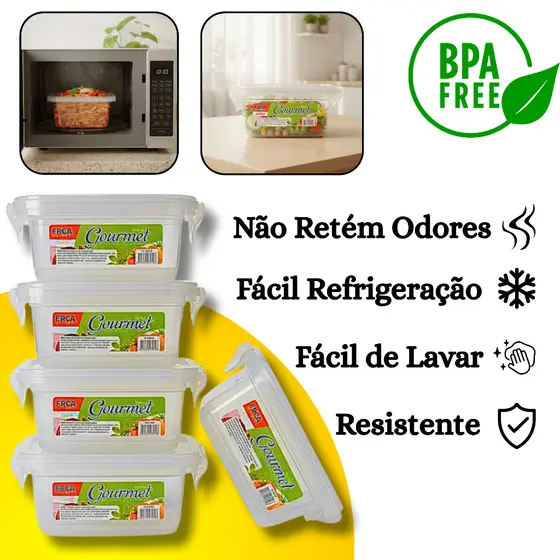 Kit 10 Pote Marmita Hermético Quadrado Tampa com Trava Livre de BPA 400ml, 850ml ou 1500ml