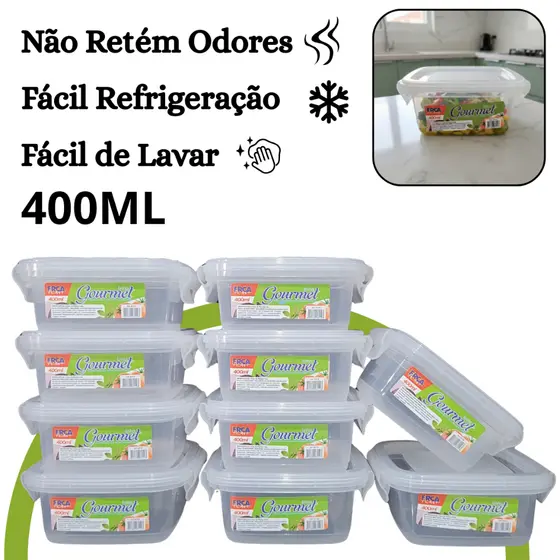 Kit 10 Pote Marmita Hermético 400ml Quadrado Tampa com Trava Livre de BPA