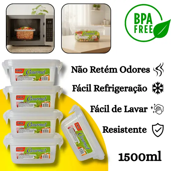 Kit 5 Pote Marmita Hermético Quadrado Tampa com Trava Livre de BPA 1500ml