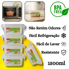 Kit 5 Pote Marmita Hermético Quadrado Tampa com Trava Livre de BPA 1500ml