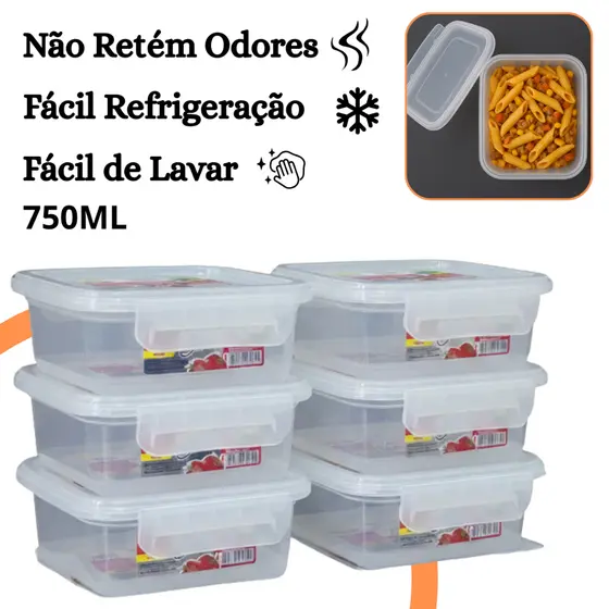 Kit 6 Pote Marmita Hermético 750ml Retangular Tampa com Trava Livre de BPA