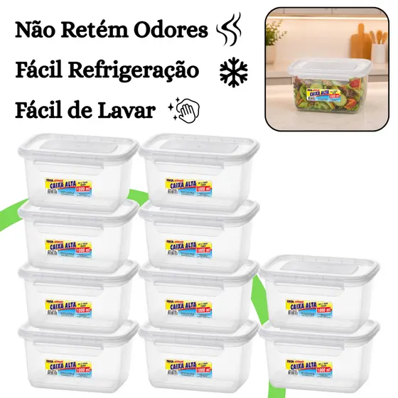 Kit 10 Pote Marmita Hermético 1L Retangular Tampa com Trava Livre de BPA