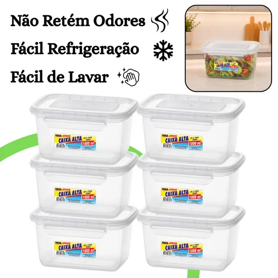 Kit 6 Pote Marmita Hermético 1L Retangular Tampa com Trava Livre de BPA