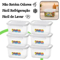 Kit 6 Pote Marmita Hermético 1L Retangular Tampa com Trava Livre de BPA