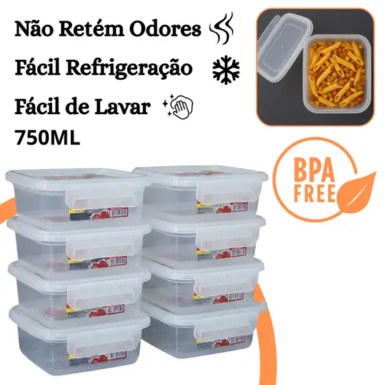 Kit 8 Pote Marmita Hermético 750ml Retangular Tampa com Trava Livre de BPA