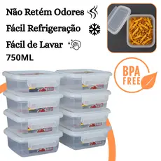 Kit 8 Pote Marmita Hermético 750ml Retangular Tampa com Trava Livre de BPA