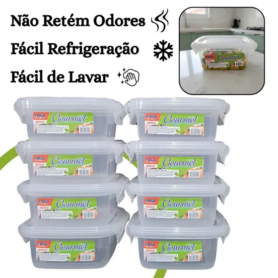 Kit 8 Pote Marmita Hermético 400ml Quadrado Tampa com Trava Livre de BPA