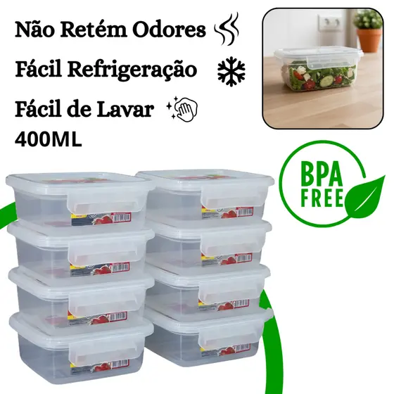 Kit 8 Pote Marmita Hermético 400ml Retangular Tampa com Trava Livre de BPA