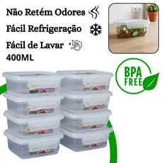 Kit 8 Pote Marmita Hermético 400ml Retangular Tampa com Trava Livre de BPA