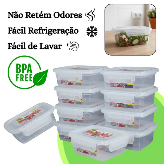 Kit 12 Pote Hermético Marmita 400ml Retangular Tampa com Trava Livre de BPA