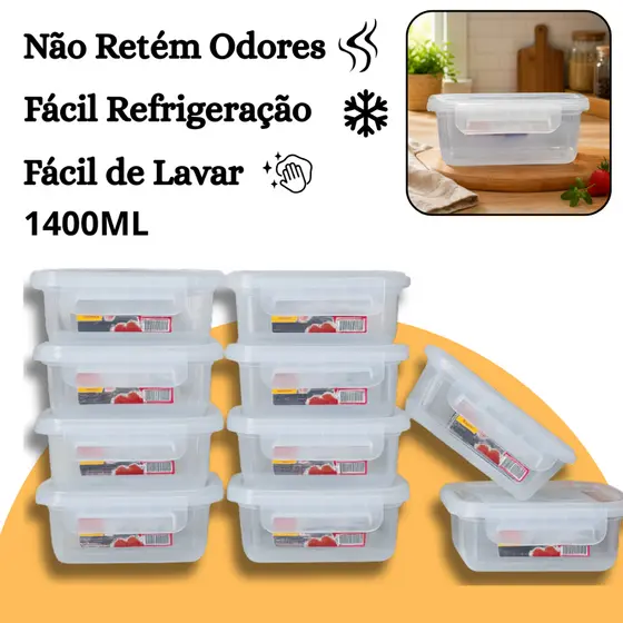 Kit 10 Pote Marmita Hermético 1400ml  Retangular Tampa com Trava Livre de BPA