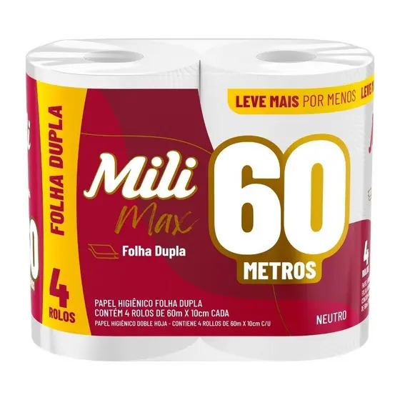 Papel Higiênico Mili com 4 X 60m Folha Dupla Neutro