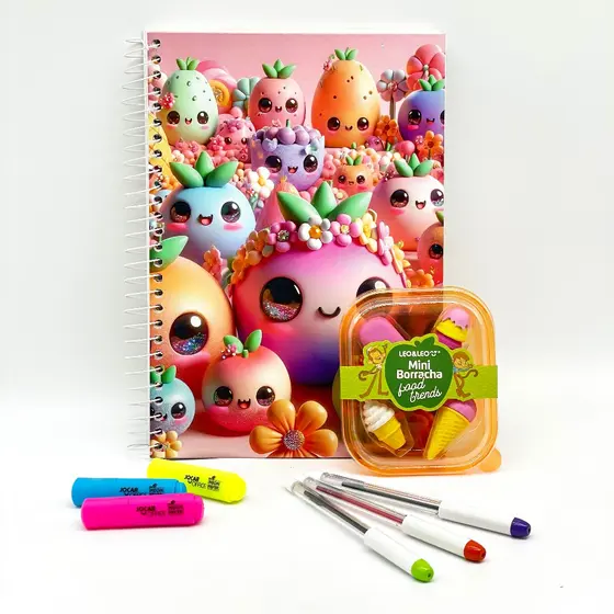 Kit Escolar Frutas – Caderno de 10 Matérias com Bolsa e Adesivos