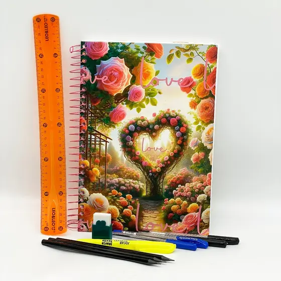 Kit Escolar Love – Caderno de 12 Matérias com Bolsa e Adesivos