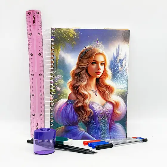 Kit Escolar Princesas – Caderno de 10 Matérias com Bolsa e Adesivos