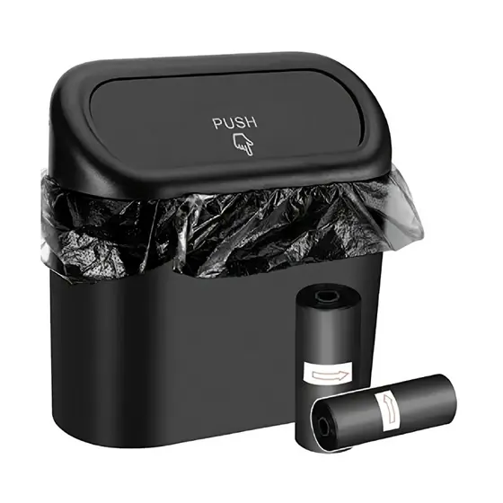 Kit Lixeira Para Carro Com Tampa Push E Rolos De Saquinhos De Lixo Coloridos