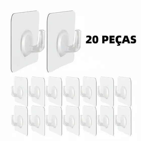 Kit 20 Ganchos Adesivos Transparentes Reforçados Multiuso Para Cozinha E Banheiro