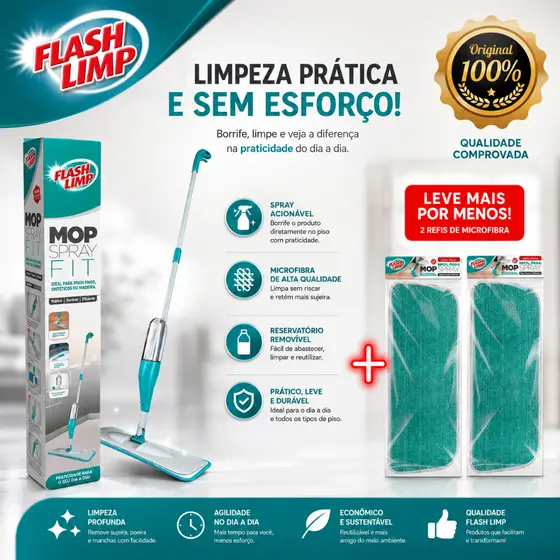 Mop Spray Fit Microfibra Verde + 2 Refis de Microfibra Reservatório 365ml Flash Limp Rodo