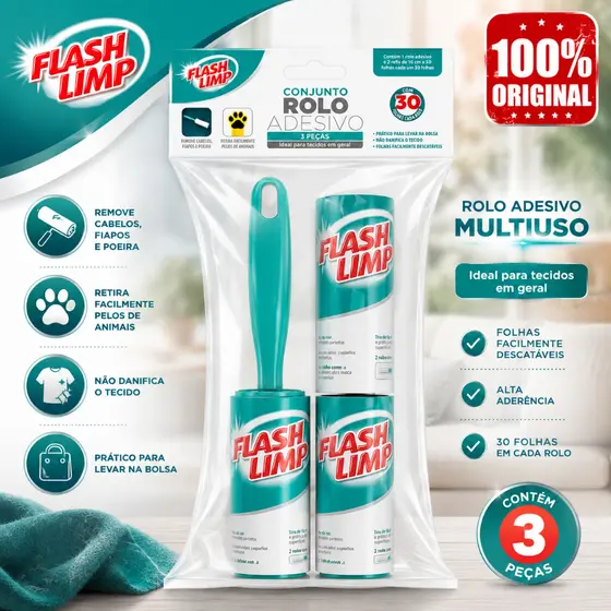 Rolo Adesivo + 2 Refis Tira Pelos 30 folhas Flash Limp