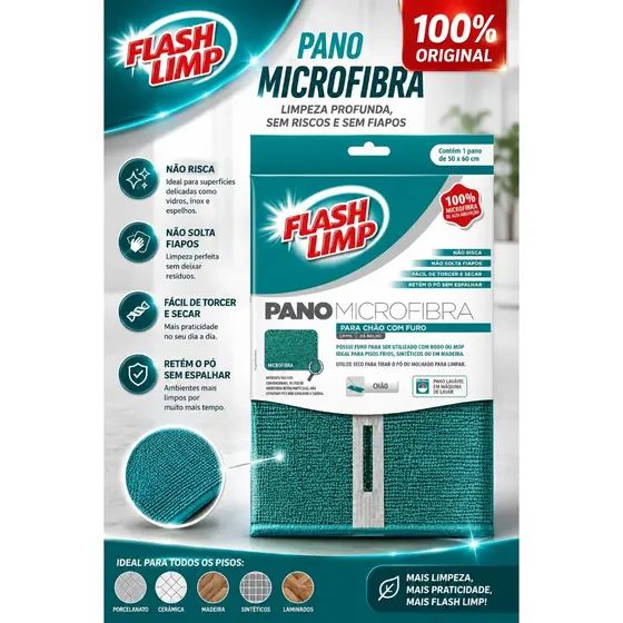 Pano de Microfibra Para Chão Com Furo 50 X 60 cm - Flash Limp