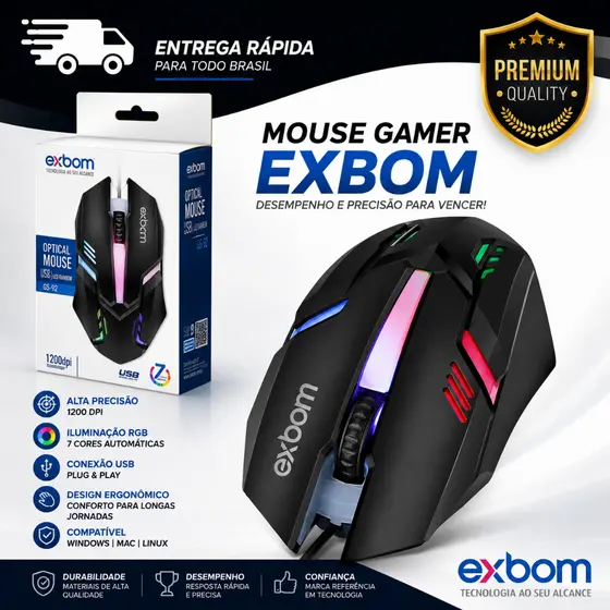 Mouse Gamer Led Rgb 7 Cores Com Fio Usb 1200dpi Ms-62 Exbom