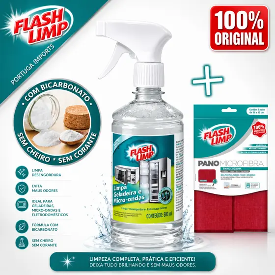 Kit Limpa Geladeira e Microondas Flash Limp + 1 Pano de Microfibra