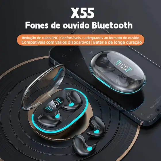 X55 Fones de Ouvido TWS para Dormir e Esportes Confortáveis Invisíveis com Cancelamento de Ruído