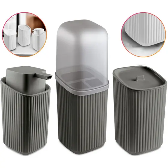 Kit 3 Acessórios Banheiro Individual com Dispenser Sabonete Líquido, Porta Algodão e Porta Escovas