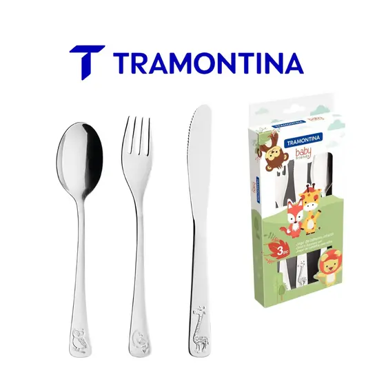 Jogo de Talheres Infantil Tramontina Baby Friends 3 Peças Aço Inox Alto Relevo Bebê Criança Papinha Faca Garfo Colher