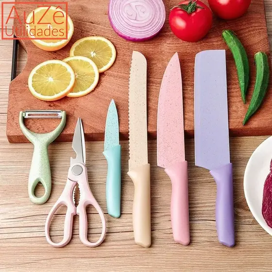 Conjunto Facas De Cozinha Aço inoxidável De Alto Carbono Cor Colorido Kit 6 Peças Corte De Legumes