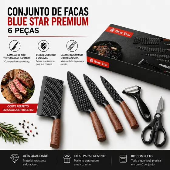Conjunto De Facas Inox 6 Peças Antiaderente Com Cabo Reforçado Descascador E Tesoura Cozinha