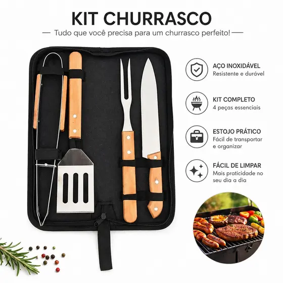 Kit Churrasco com Cabo de Madeira 4Peças – Inox Resistente