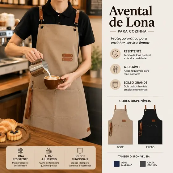 Avental Unissex Cozinha Profissional Dois Bolsos Frontal Ajustável