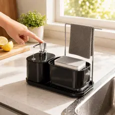Kit organizador de cozinha: dispenser de sabonete manual + suporte de pano + dispenser de detergente
