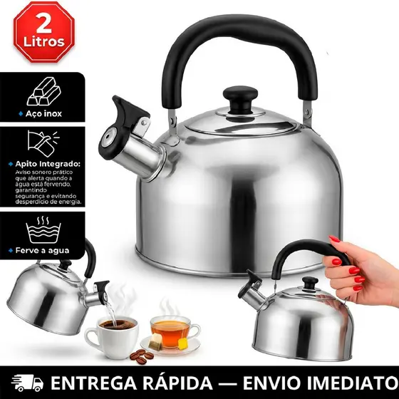 Chaleira Inox com Apito para Fogão Gás Elétrico e Indução Ferve Rápido Luxo em Aço Inox 2 Litros
