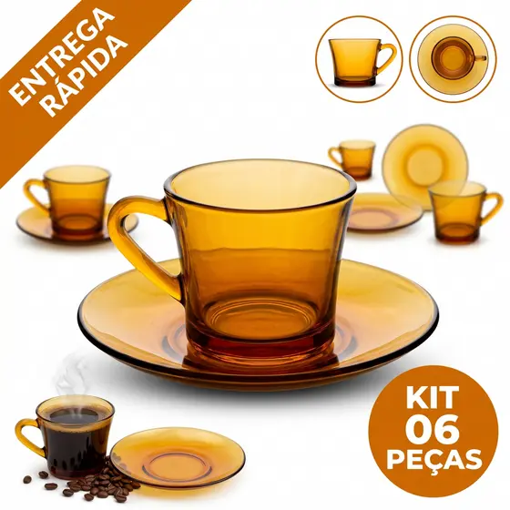 KIt Jogo De Xícaras com pires Ambar 12 peças com 6 Xicara 200ml e 06 pires de Chá e Café Original