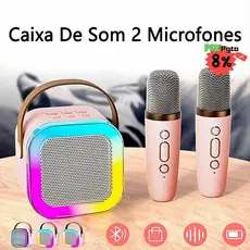 Caixa de Som Bluetooth com 2 Microfones – Karaokê em Casa Portátil com Luzes LED Coloridas e Alça