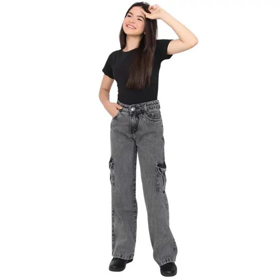 calça cargo jeans wide leg pantalona menina bolsos laterais infantil juvenil 10 ao 16