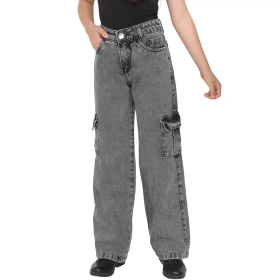 Calça jeans infantil wide leg cargo jeans juvenil menina cintura alta pantalona