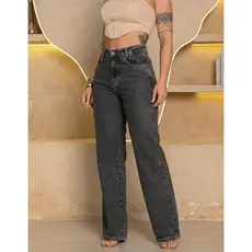 Calça Wide Leg Jeans Pantalona Cós Alto 100% Algodão Preta Marmorizada Sem Lycra Moda Feminina