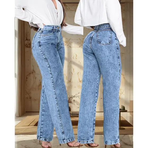 Calça Wide Leg Jeans Premium  Pantalona Cós Alto 100% Algodão Azul Marmorizada  Moda Feminina