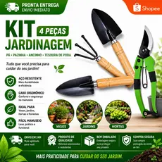 Kit Jardinagem 4 Peças com Tesoura de Poda Pá Pazinha Ancinho Cabo de Madeira