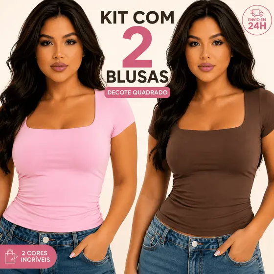 Blusa Baby Look Feminina Básica Com Decote Quadrado Com Manga Curta Moda Versátil Casual Blogueira
